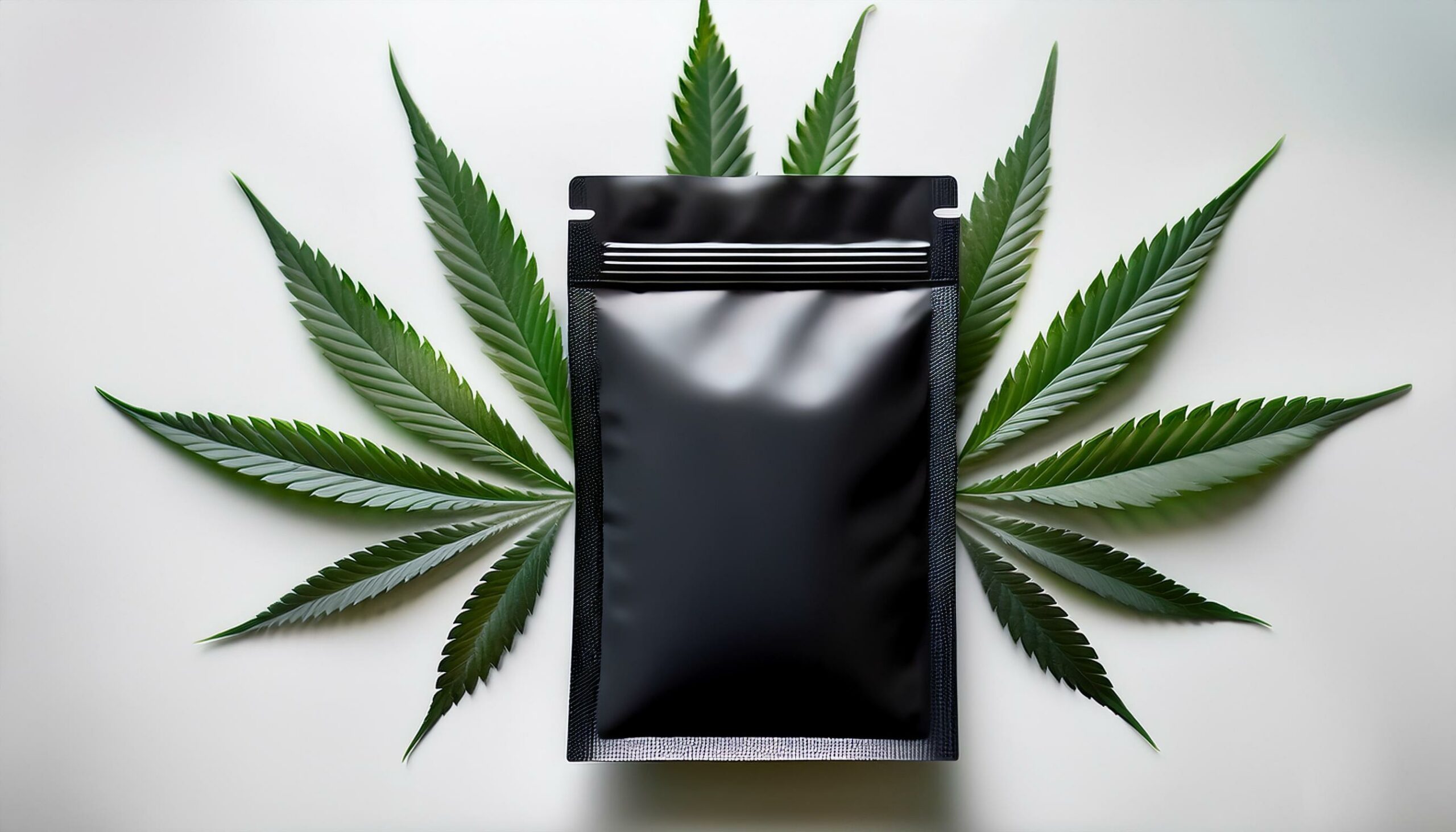 matte black mylar pouch centered on a fan of cannabis leaves against a white background