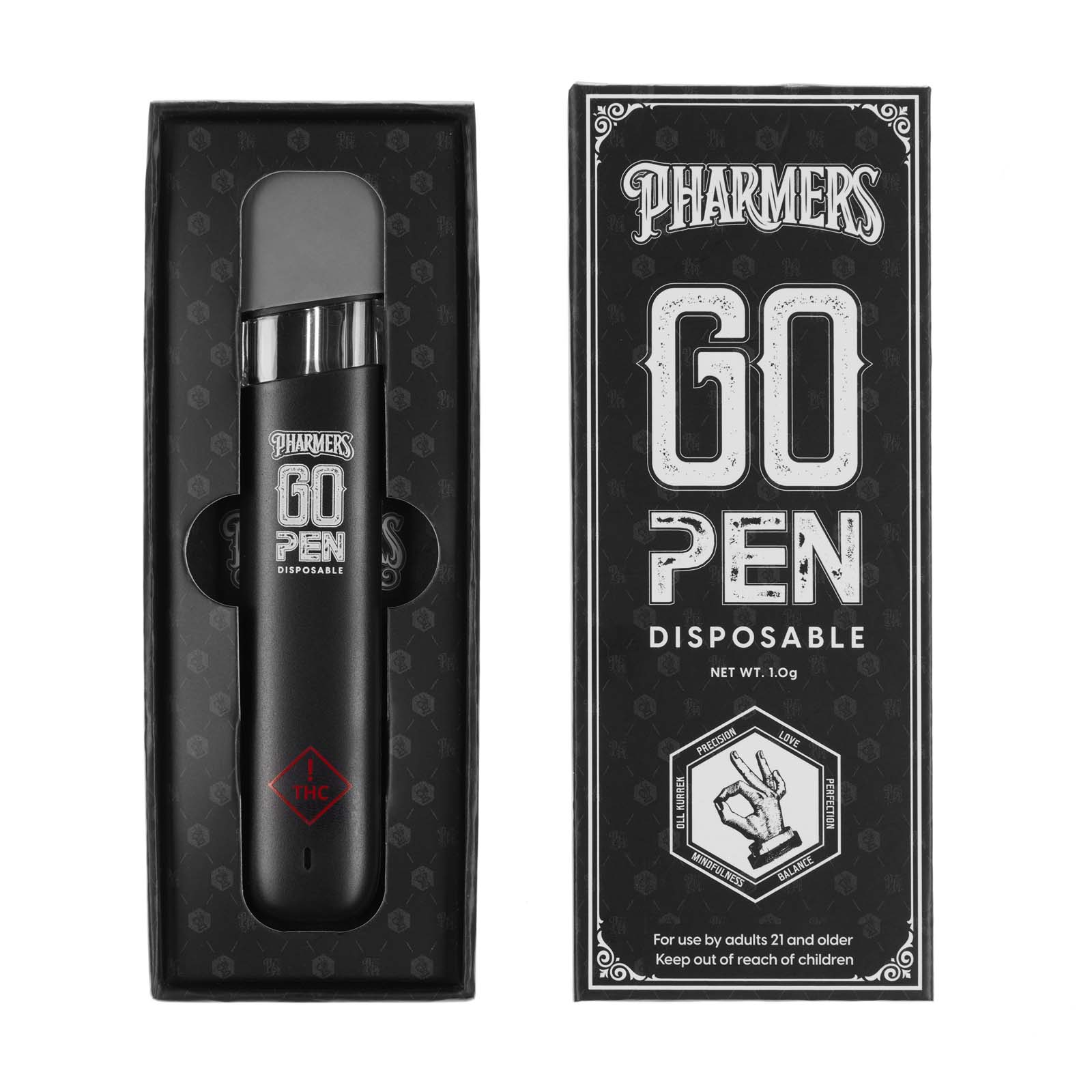 pharmers go pen disposable vape in black packaging with bold white lettering and thc warning symbol